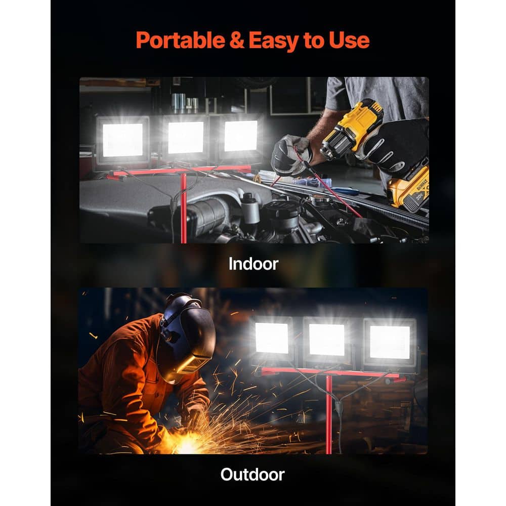 SKYSHALO LED Work Light with Stand, 15000 Lumens, Three-Head Portable Camping Light with Individual Switch, Tripod Stand (2)