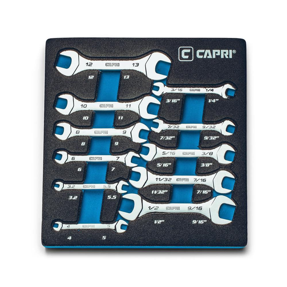 Capri Tools Metric and SAE Slim Mini Open End Wrench Set with Mechanic's Tray (11-Piece)