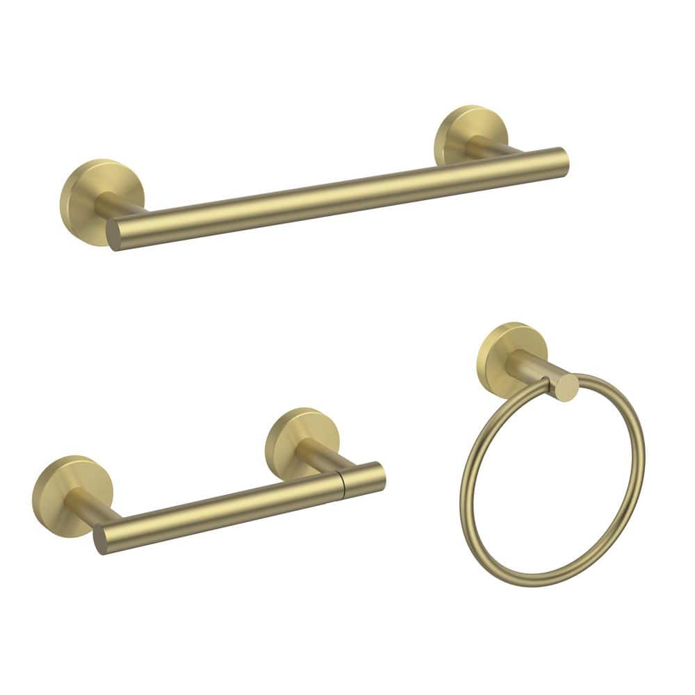 BWE 3-Piece Bath Hardware Set with 12 in. Towel Bar, Toilet Paper Holder, Towel Ring in Brushed Gold (1)