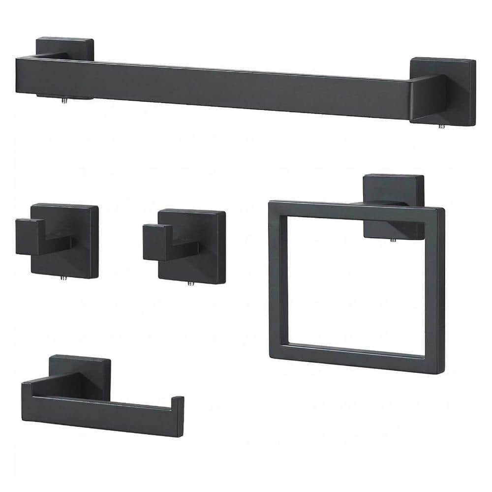 JFVKAF 5-Piece Bathroom Hardware Set with Towel Bar, Towel Ring, Toilet Paper Holder, Hooks in Matte Black Finish (1)