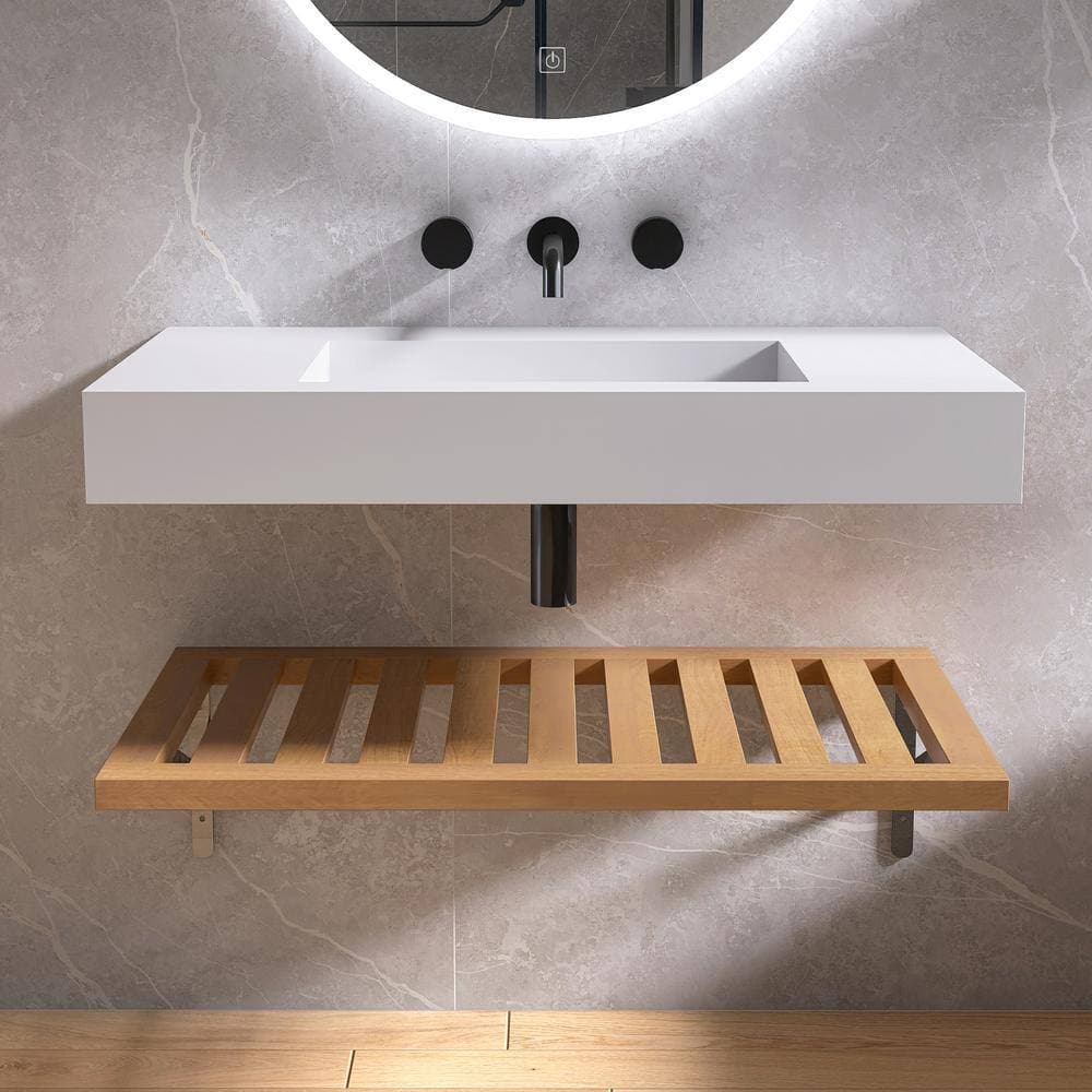 MEDUNJESS 35 in. x 19 in. x 4 in. White Solid Surface Wall-Mounted Bathroom Vessel Sink with Plywood Shelf (2)