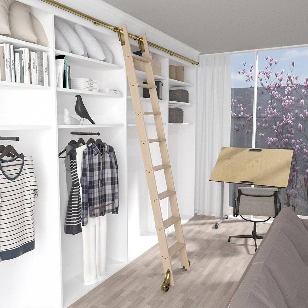 MEADOW LANE 107 in. Clear Pre-Finished Maple Library Ladder (119 in. Reach) Polished Brass Top Hook Ladder Kit with 12 ft. Rail