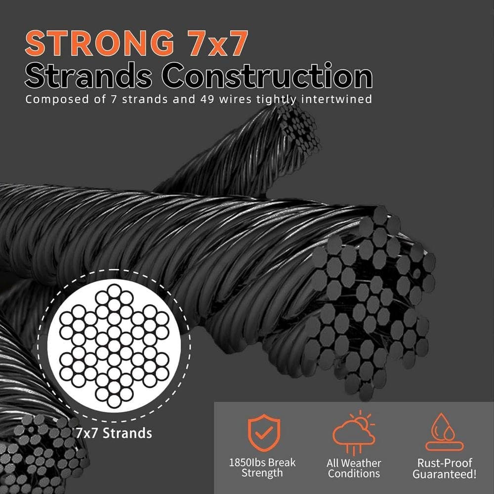 Afoxsos 0.13 in. T316 1000 ft. Black Stainless Steel Cable 1/8 Inch Deck Wire Rope Strand, Marine Grade for Outdoor Stairs (2)