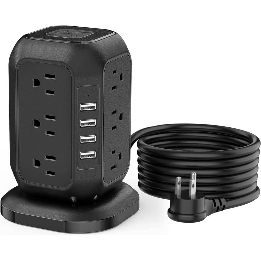 Yichuhaoxi 16.4 ft. Cord Flat Plug 12 AC-Outlets Surge Protector Power Strip Tower with 4 USB-A Ports in Black