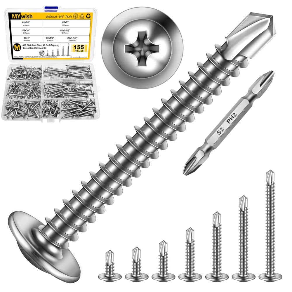 MYWISH #8 x 1/2 in. - 2 in. Self-Tapping Phillips Truss Head Screws, 410 Stainless Steel, 155-Piece Assortment Kit (1)