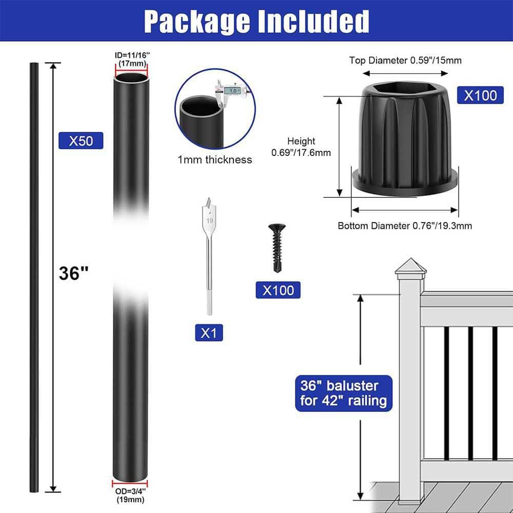 Afoxsos 50 Pack 36 x 3/4 Round Aluminum Deck Balusters with Connectors and Screws, Black Metal Spindles for Railing (2)