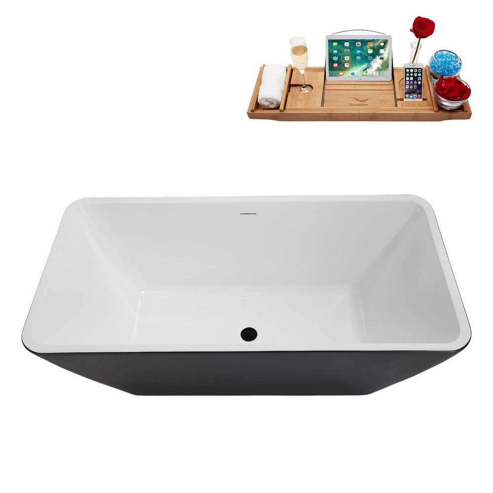 Streamline 59 in. x 30 in. Acrylic Freestanding Soaking Bathtub in Glossy Black with Matte Black Drain (3)