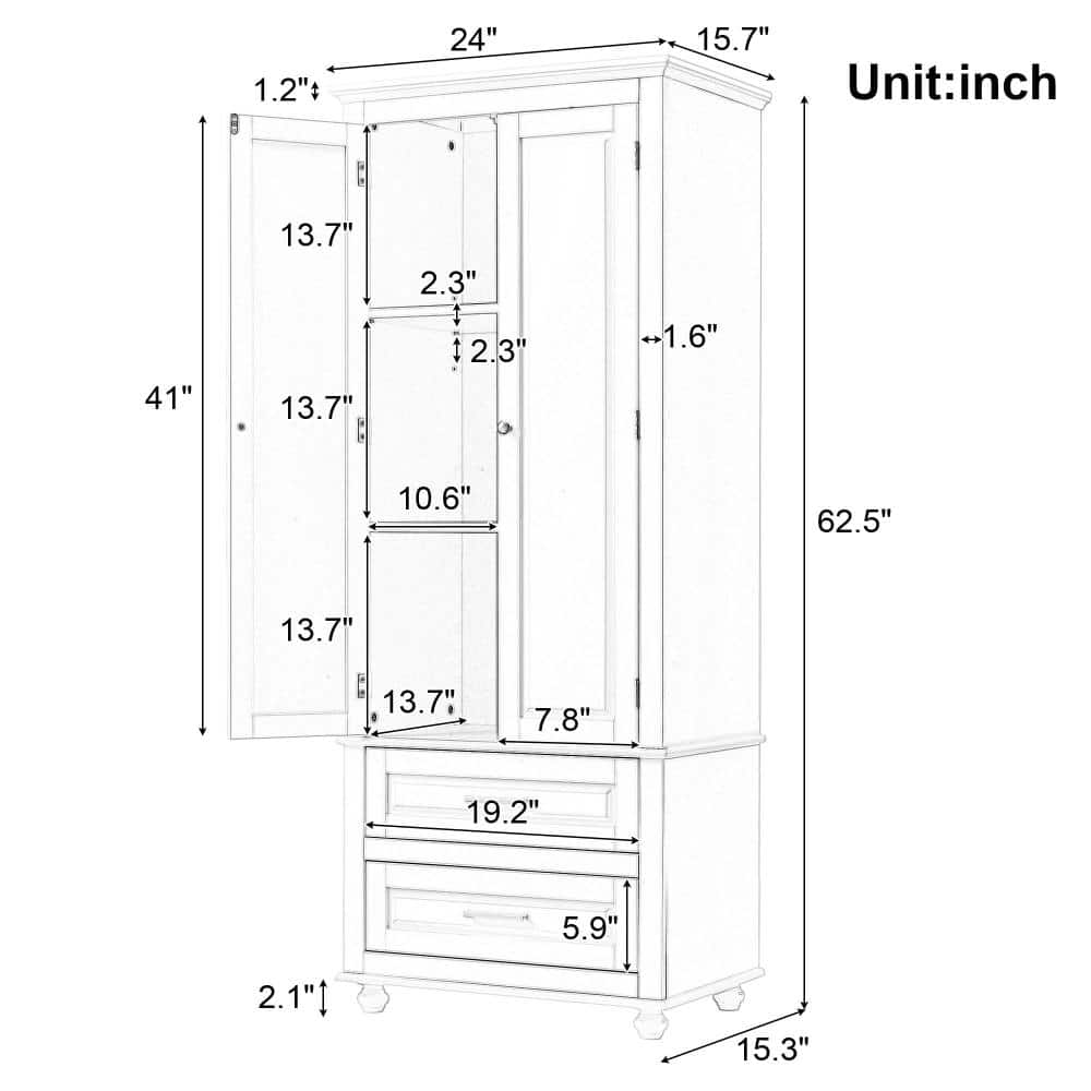 XUJMK 24 in W x 16 in D x 63 in H Linen Cabinet, Storage Cabinet with 2 Drawers, Adjustable Shelf for Bathroom, Office, White (2)