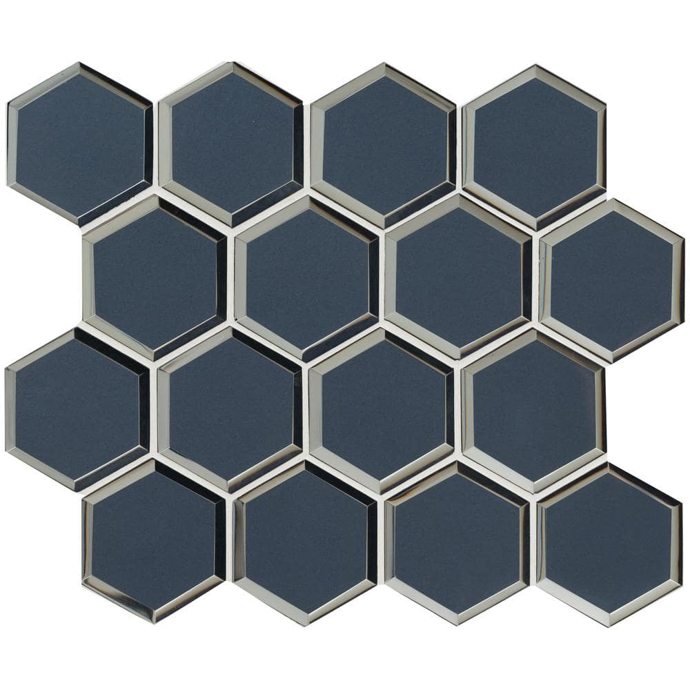 MSI Vague Blue Beveled 3 in. Hexagon 11 in. x 12 in. x 0.31 in. Glass Mesh-Mounted Mosaic Wall Tile (8.90 sq. ft./Case)