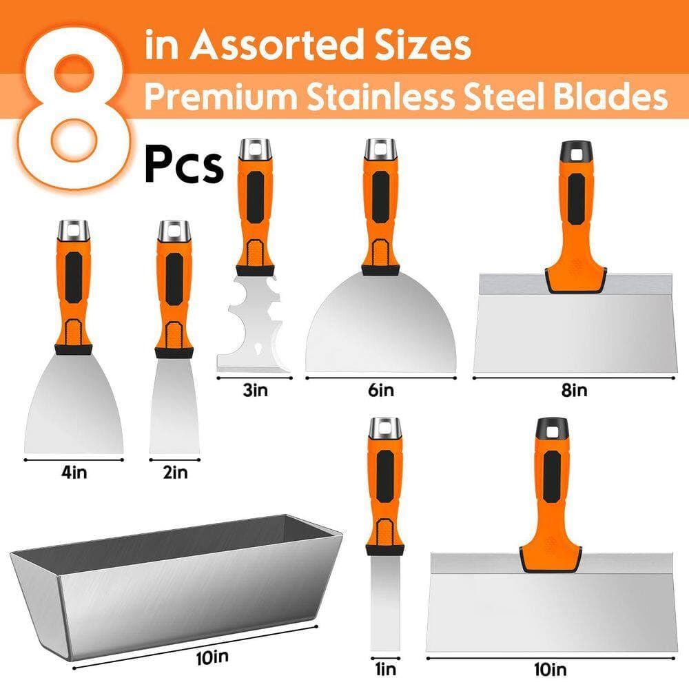 Laybus 8 Pieces Stainless Steel Drywall Knife Set, Putty Knives with Mud Pan, Ergonomic Grip Tapping Knife with Hammer End (2)