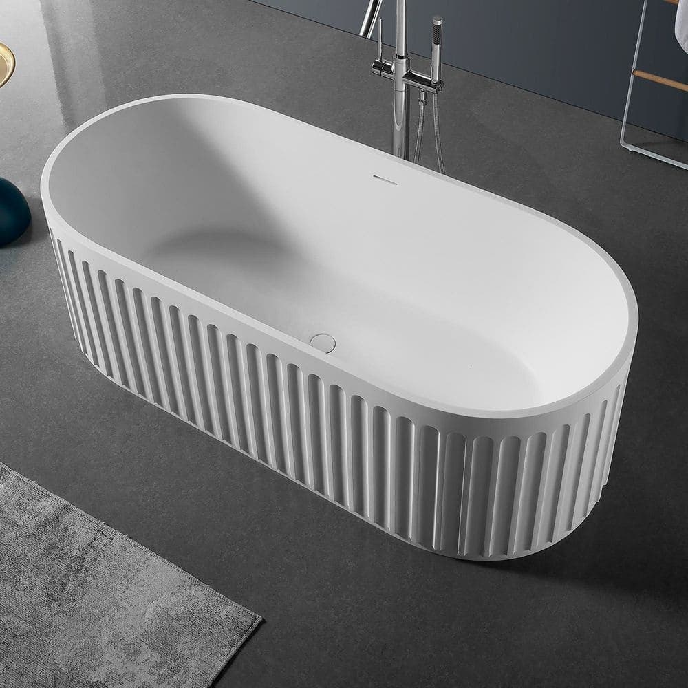 Coporesell 67 in. x 29.5 in. Solid Surface Stone Resin Freestanding Soaking Bathtub in Matte White with White Center Drain