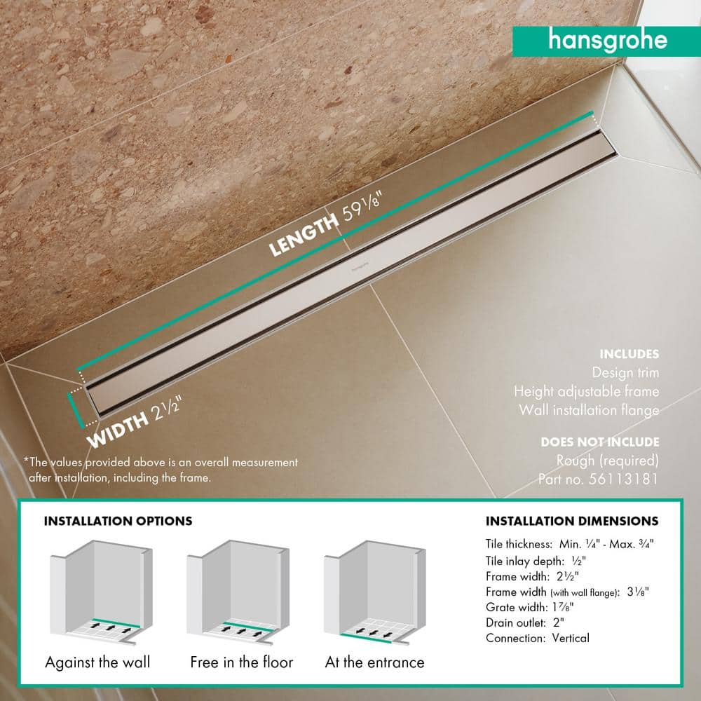 Hansgrohe RainDrain Match Stainless Steel Linear Tileable Shower Drain Trim for 59 1/8 in. Rough (3)