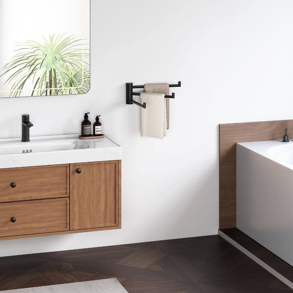 Unbranded Matte Black Stainless Steel Foldable 3-Bar Swivel Hand Towel Holder for Bathroom Organization (3)