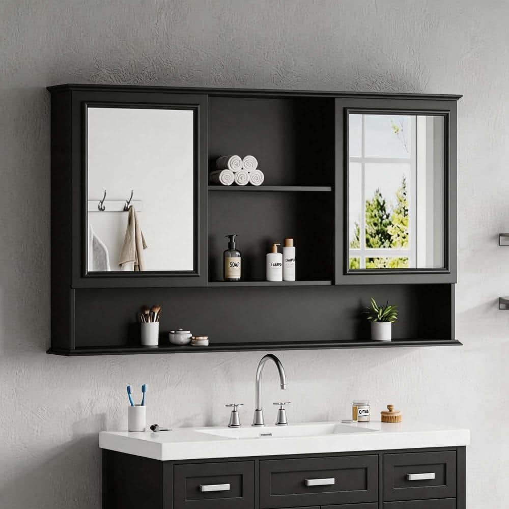 XUJMK 60 in. W x 8 in. D x 35 in. H Bathroom Storage Wall Cabinet, Storage Cabinet in Black with Mirrored, Adjustable Shelves (3)