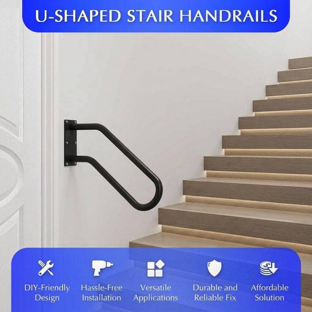 Unbranded 15 in. Iron Handrail for Cable Railing System Wall Mount Non-Slip U-Shape Stair Hand Railing Black 2-Pack (2)