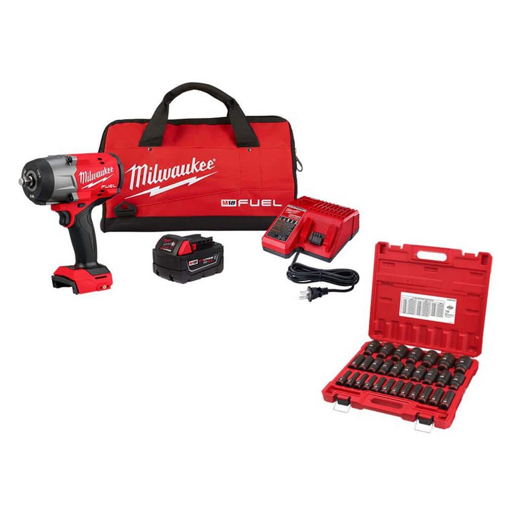 Milwaukee M18 FUEL 18V Lithium Ion Brushless Cordless 1/2 in. Impact Wrench with Friction Ring Combo Kit and Impact Socket Set (1)