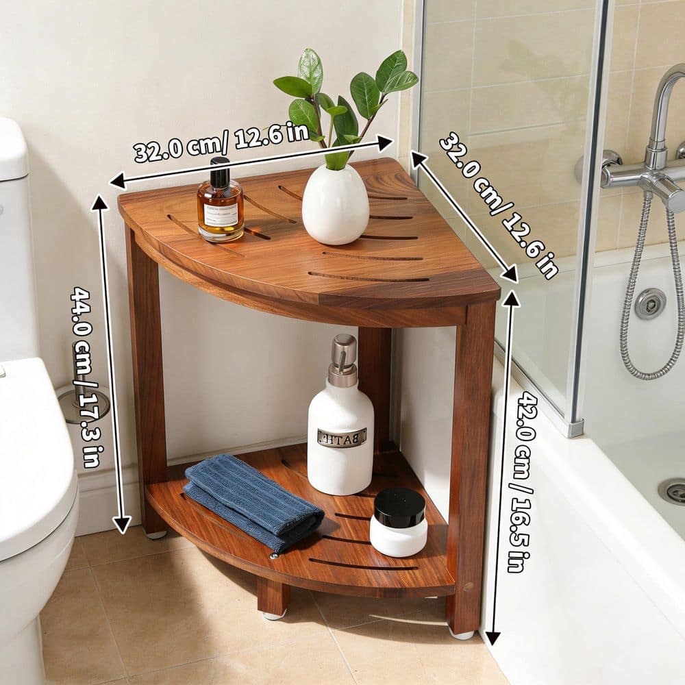 Numhew 12.6 in. Teak Corner Shower Bench Seat with Storage Shelf, Waterproof Teak Wood Shower Foot Rest for Shaving Legs (2)
