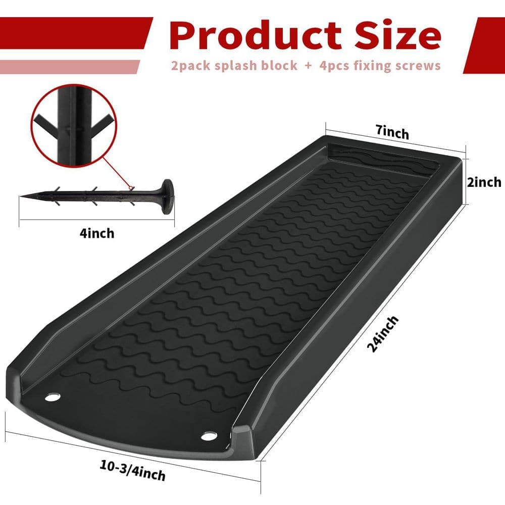 OGETFUUR 2-Pack 24 in. Black Downspout Splash Block, Rain Gutter Downspout Extensions with 4 Fixing Nails (2)