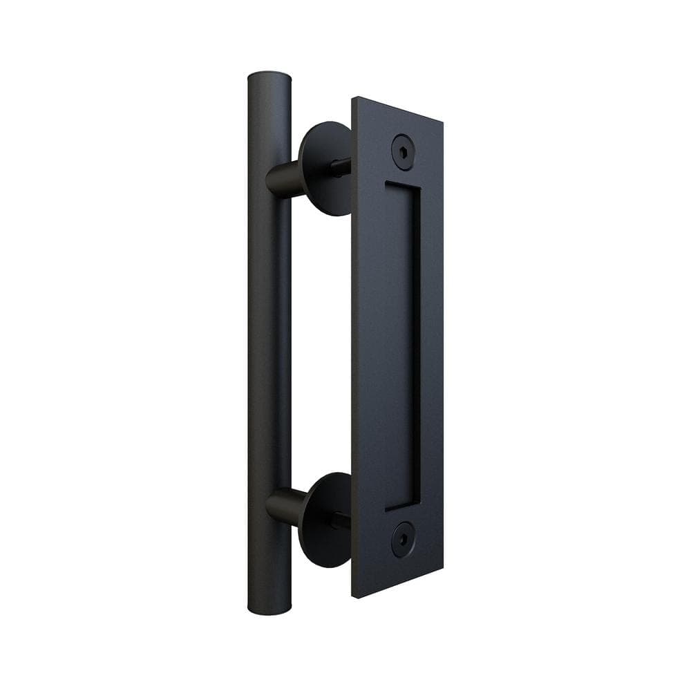 American Pro Decor 11-13/16 in. Black Powdered Coated Steel 2-Sided Pull with Recessed Plate for Sliding Rolling Barn Wood Doors (2-Pack) (1)