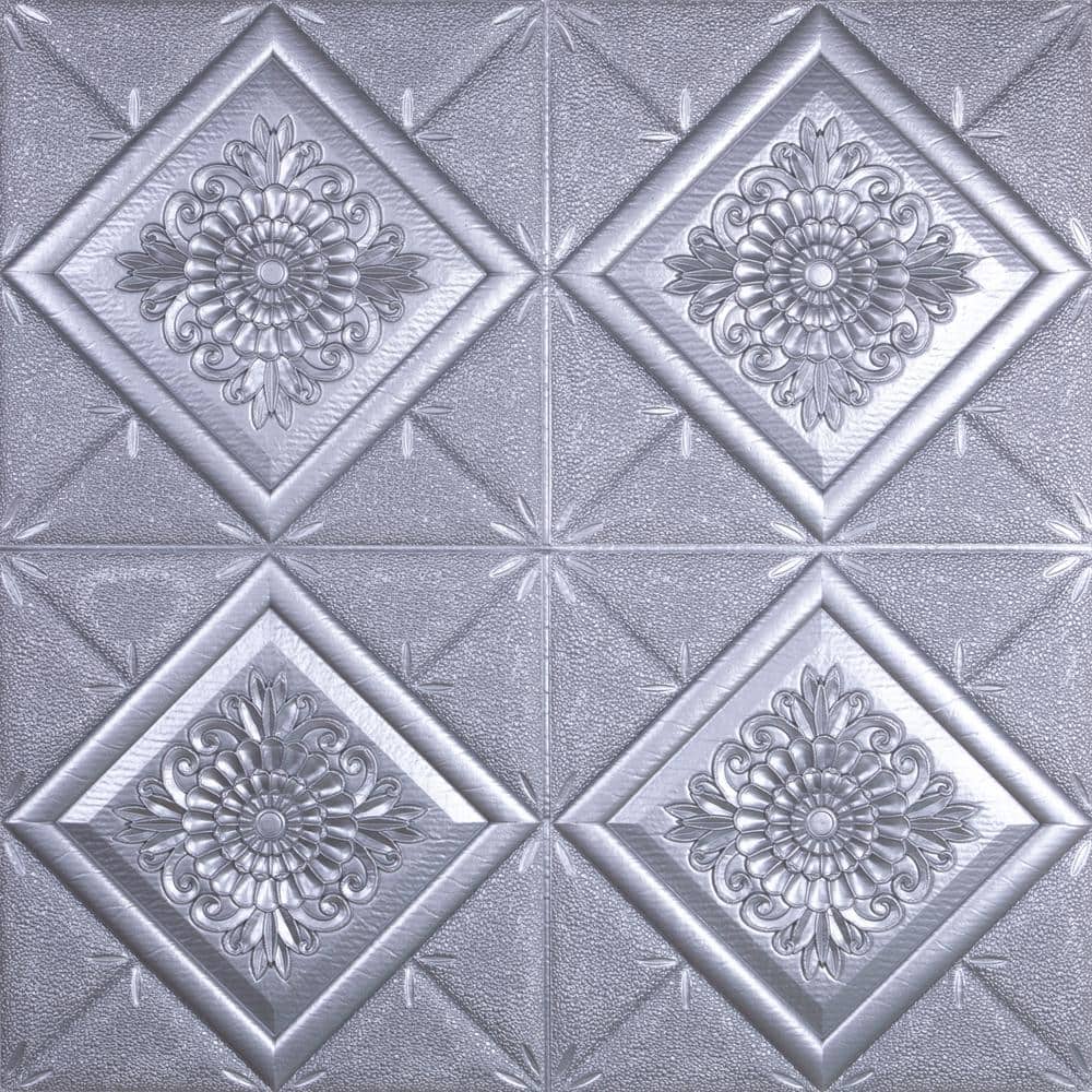 Dundee Deco Falkirk Jura II 1/3 in. 28 in. x 28 in. Peel & Stick Dark Silver Stylized Flowers Diamonds Foam Decorative Wall Paneling (1)