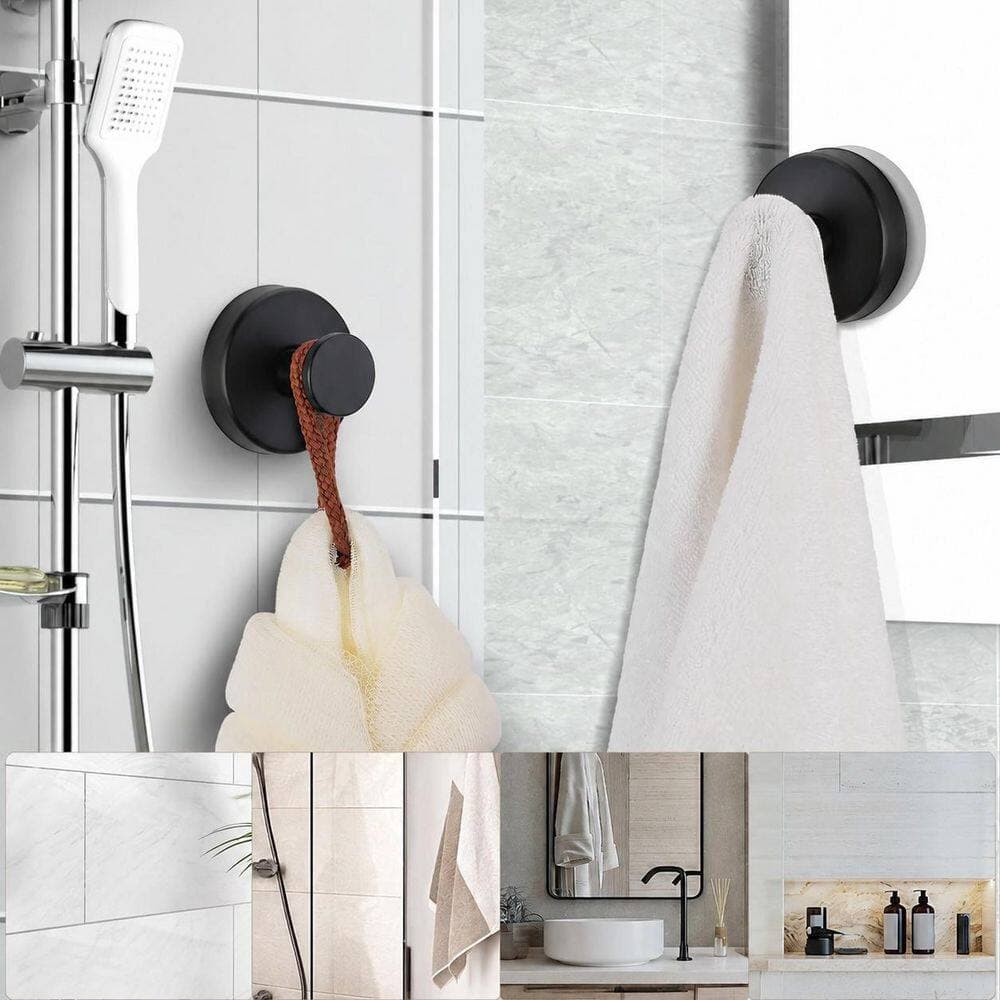 KHKFY Suction Cup Shower Hooks, No-Drill Towel and Robe Hooks for Bathroom Walls, Set of 4, Matte Black (2)