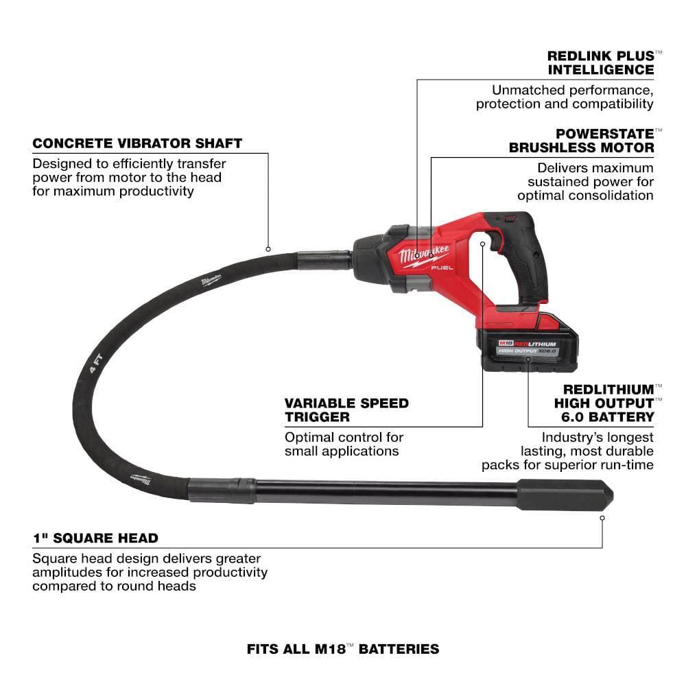 Milwaukee M18 FUEL 18V Lithium-Ion Brushless Cordless 4 ft. Concrete Pencil Vibrator Kit with 6.0 Ah Battery & M18 FUEL Grinder (3)