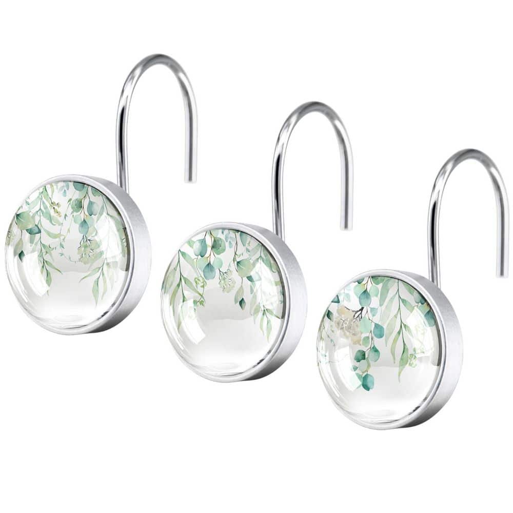 Wudkey 12-Piece Stainless Steel Eucalyptus Shower Curtain Hooks, Rustproof Rings with Decorative Glass Surface in Sage Green (1)