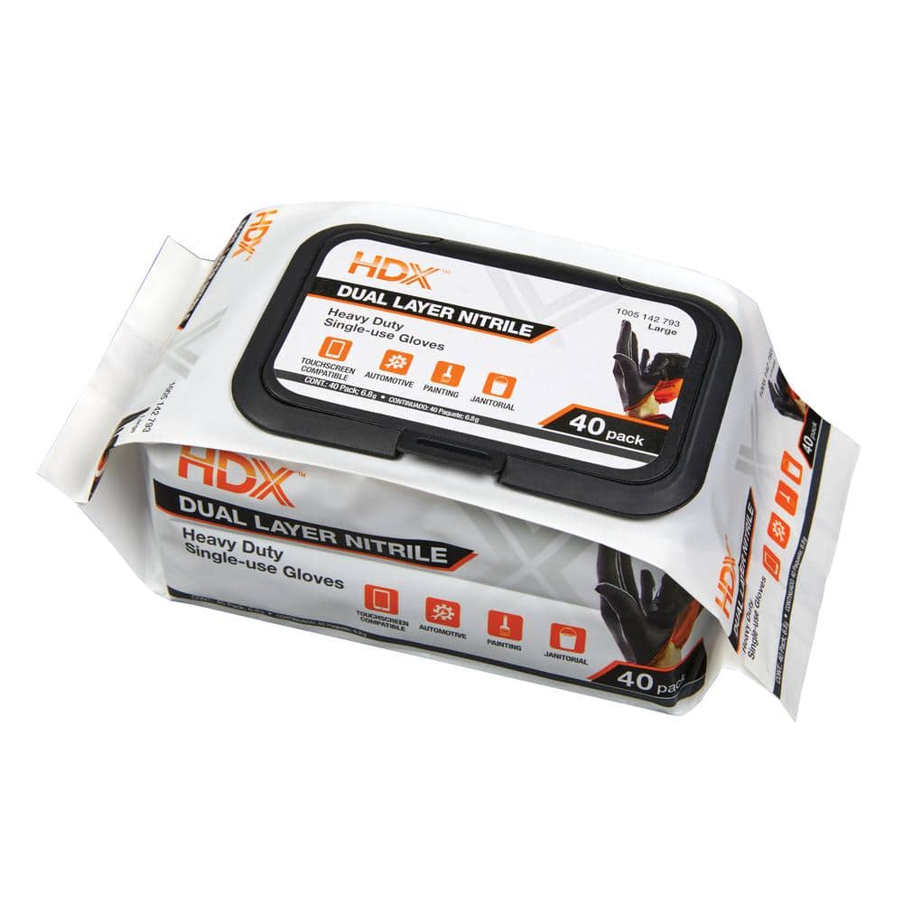 HDX Pop-N-Go Black Disposable Heavy Duty Nitrile Gloves, Size Large (40-Count) (1)