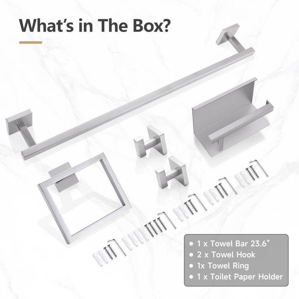 Unbranded 5-Piece Bathroom Hardware Accessories Set with 23.6 in. Towel Bar Toilet Paper Holder Shelf Hooks Brushed Nickel Finish (2)