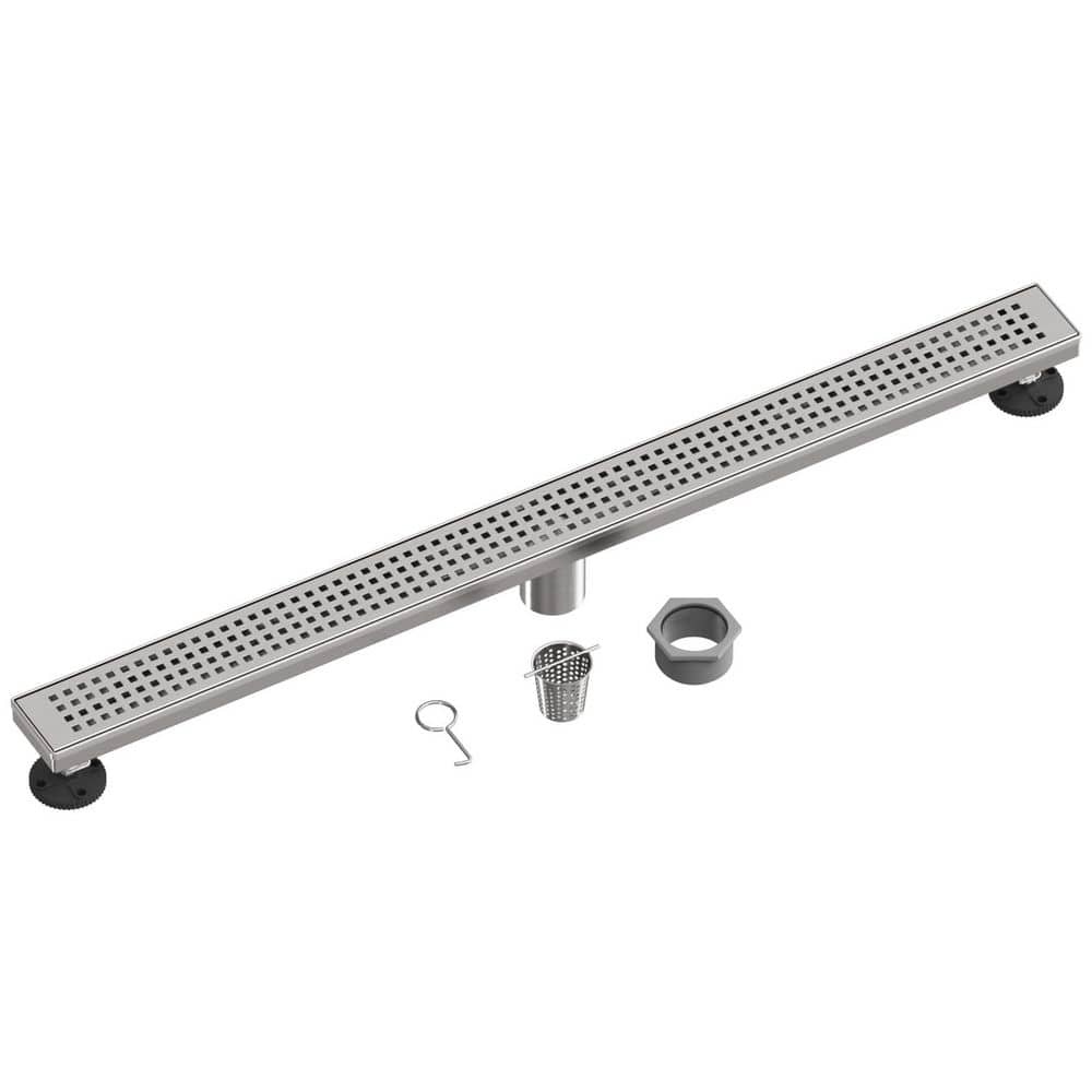 HOMEMYSTIQUE 36 in. Linear Shower Drain, Removable Grid Grate 304 Stainless Steel Floor Drain w/Leveling Feet, Brushed Nickel (1)
