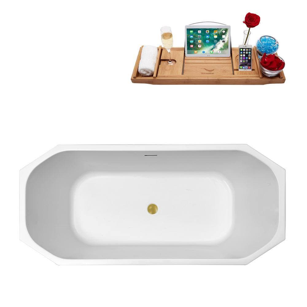 Streamline Acrylic Flatbottom Non-Whirlpool Bathtub Glossy White with Brushed Gold Drain (3)