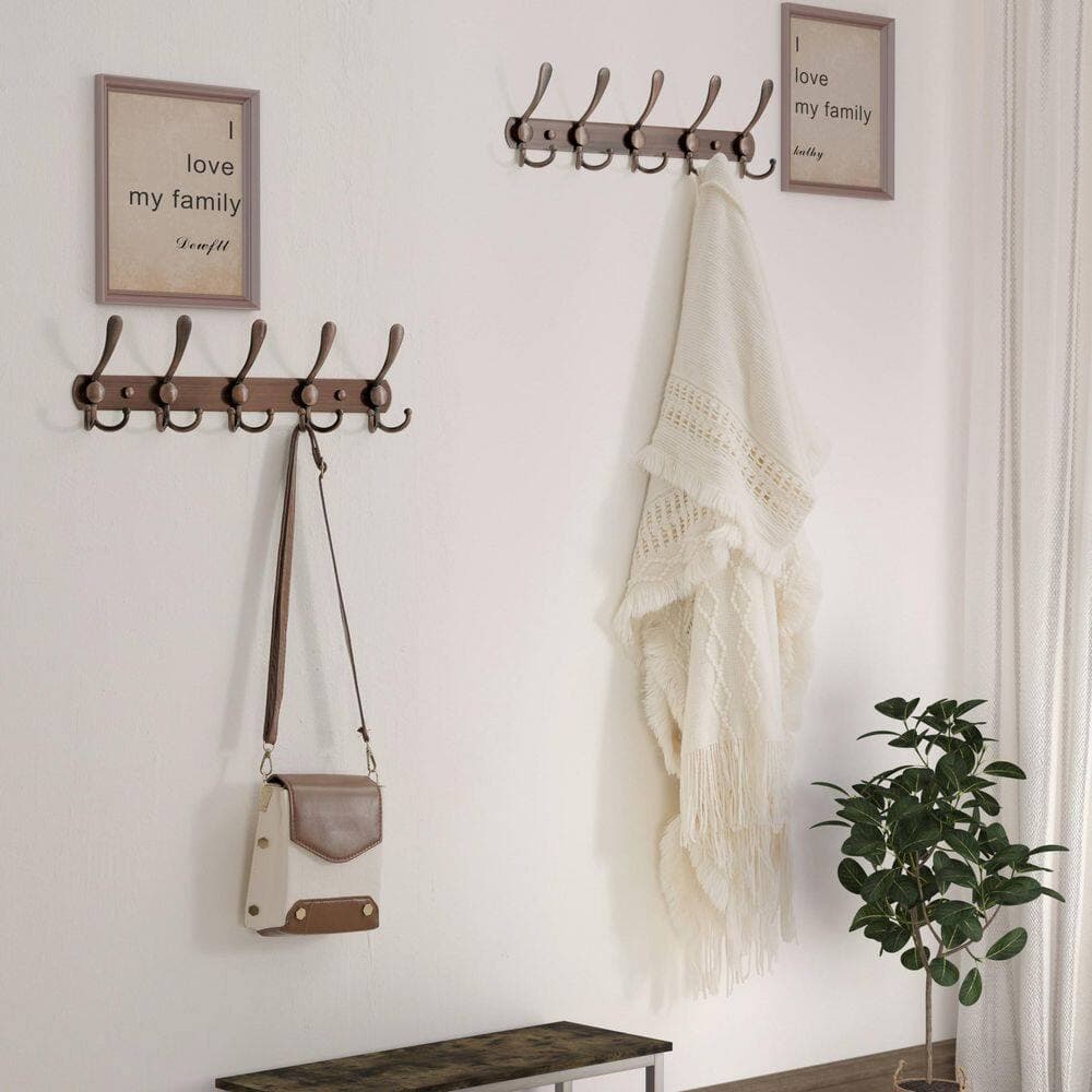 Wudkey 2 Pack Metal Wall Mounted J-Hook Coat Rack, 5 Tri Robe/Towel Hook for Coat Hat Towel Bathroom Entryway in Antique Copper (2)