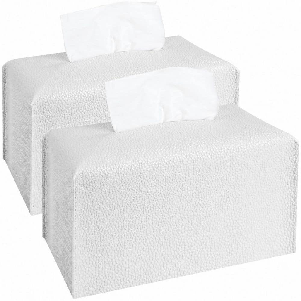 KHKFY Rectangular Tissue Box Cover Set with Bottom Belt, PU Leather Organizer for 9.5 x 5 x 5 in. White Holder