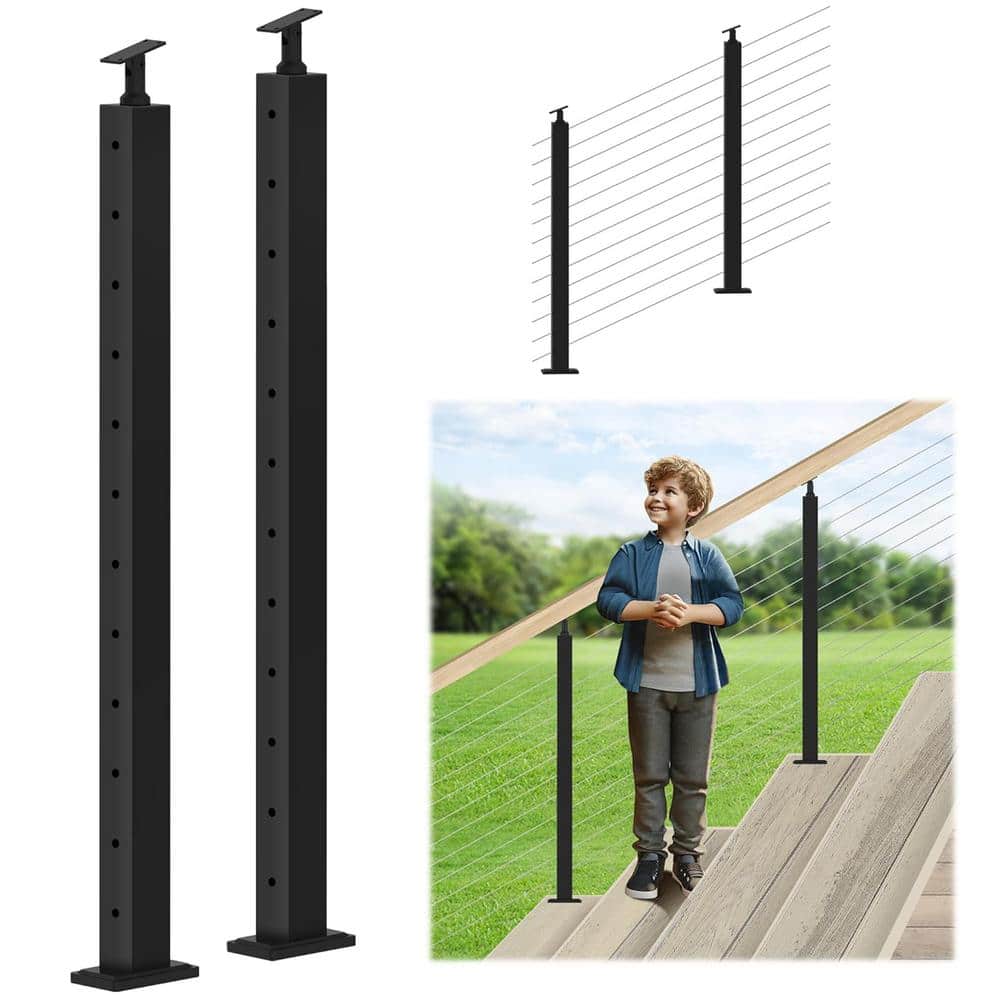 Afoxsos Stainless Steel 42 in. Adjustable Top 33 Deg Railing Stair Post with Cable Grommet Fit for 25-35 Deg. Stairway (2-Pack) (1)