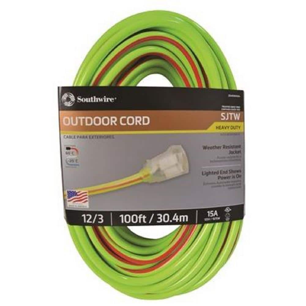 Southwire 100 ft. 12/3 SJTW Hi-Visbility Multi-Color Outdoor Heavy-Duty Extension Cord with Power Light Plug (1)