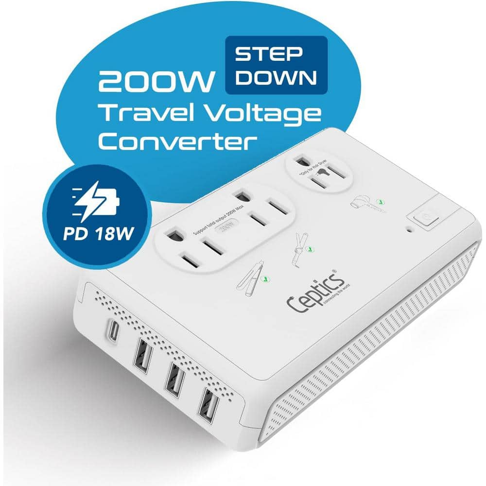 Lukyamzn Travel Adapter Voltage Converter 220-Volt to 110-Volt with 3-Outlets 3 USB-A, 1 USB-C Ports and 6-Types Sockets in White (3)