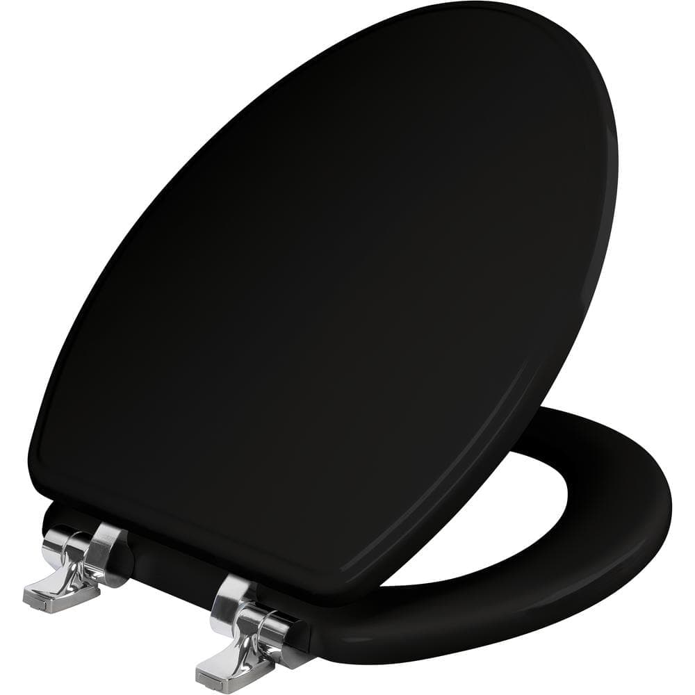 BEMIS Weston Elongated Soft Close Enameled Wood Never Loosens Chrome Metal Hinge Toilet Seat in Black