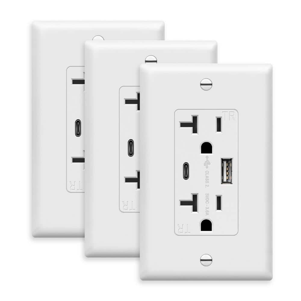 TOPGREENER 20 Amp 125V Tamper-Resistant Decorator Duplex Receptacle, 2 Port USB Type C/A Wall Outlet, White (3-Pack)