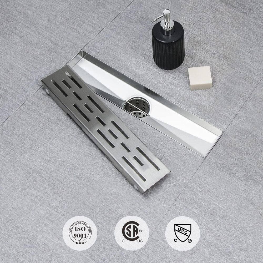 HOMEMYSTIQUE 12 in. Linear Shower Drain, Brick Pattern 304 Stainless Steel Floor Drain w/ Hair Strainer in Brushed Nickel (2)