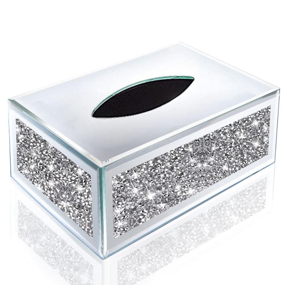 Unbranded Rectangular Mirrored Tissue Box Cover with Crystal Diamonds, 10 in. W x 5.7 in. D x 4 in. H for Napkins (1)