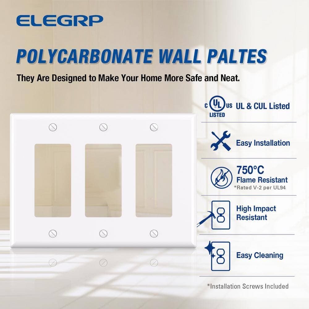 ELEGRP 3 Gang Midsize Decorator/Rocker Wall Plate, White (10-Pack) (3)
