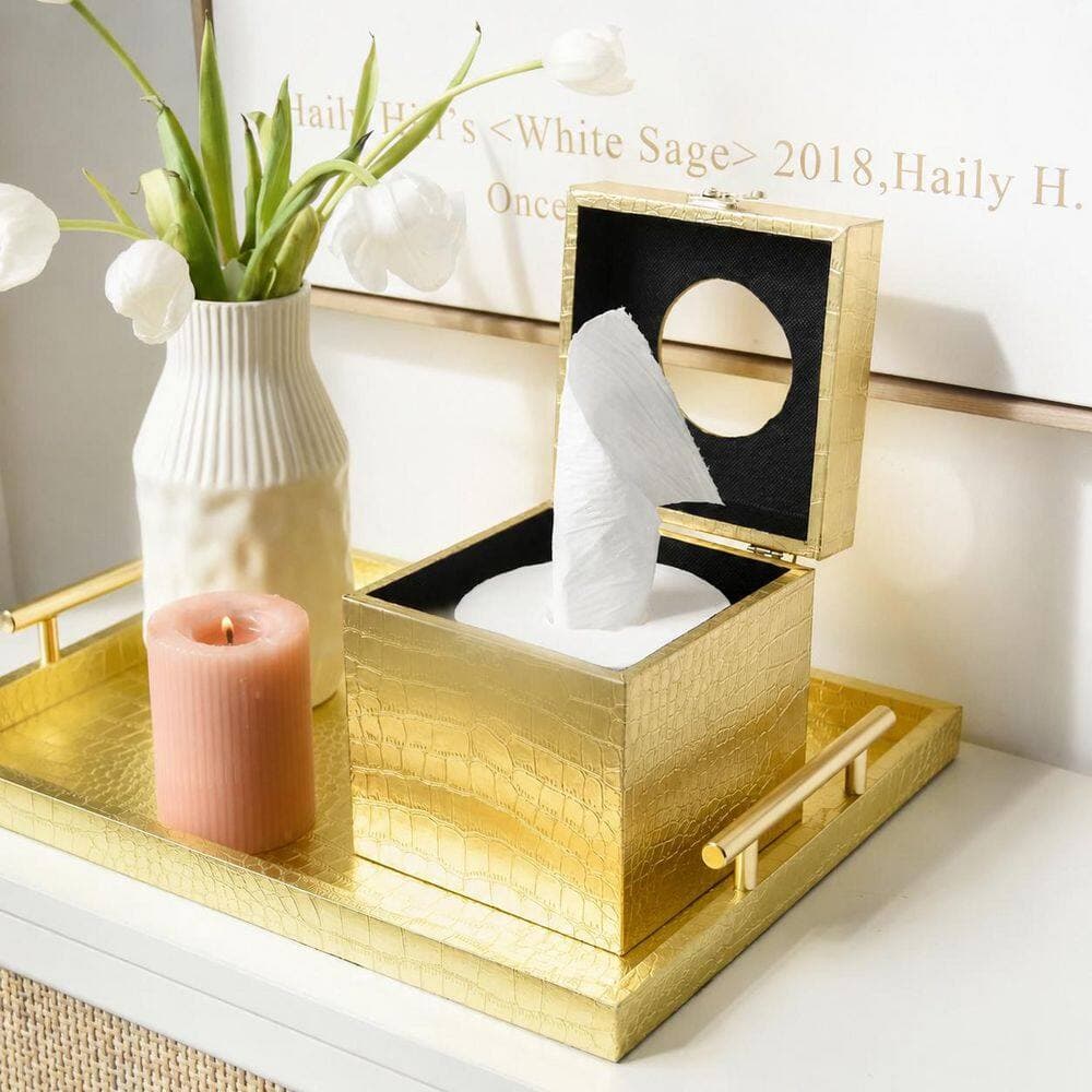 KHKFY Modern Gold Tissue Box Cover with Crocodile Leather Texture, Wood Box for Bathroom Vanity and Countertop (3)