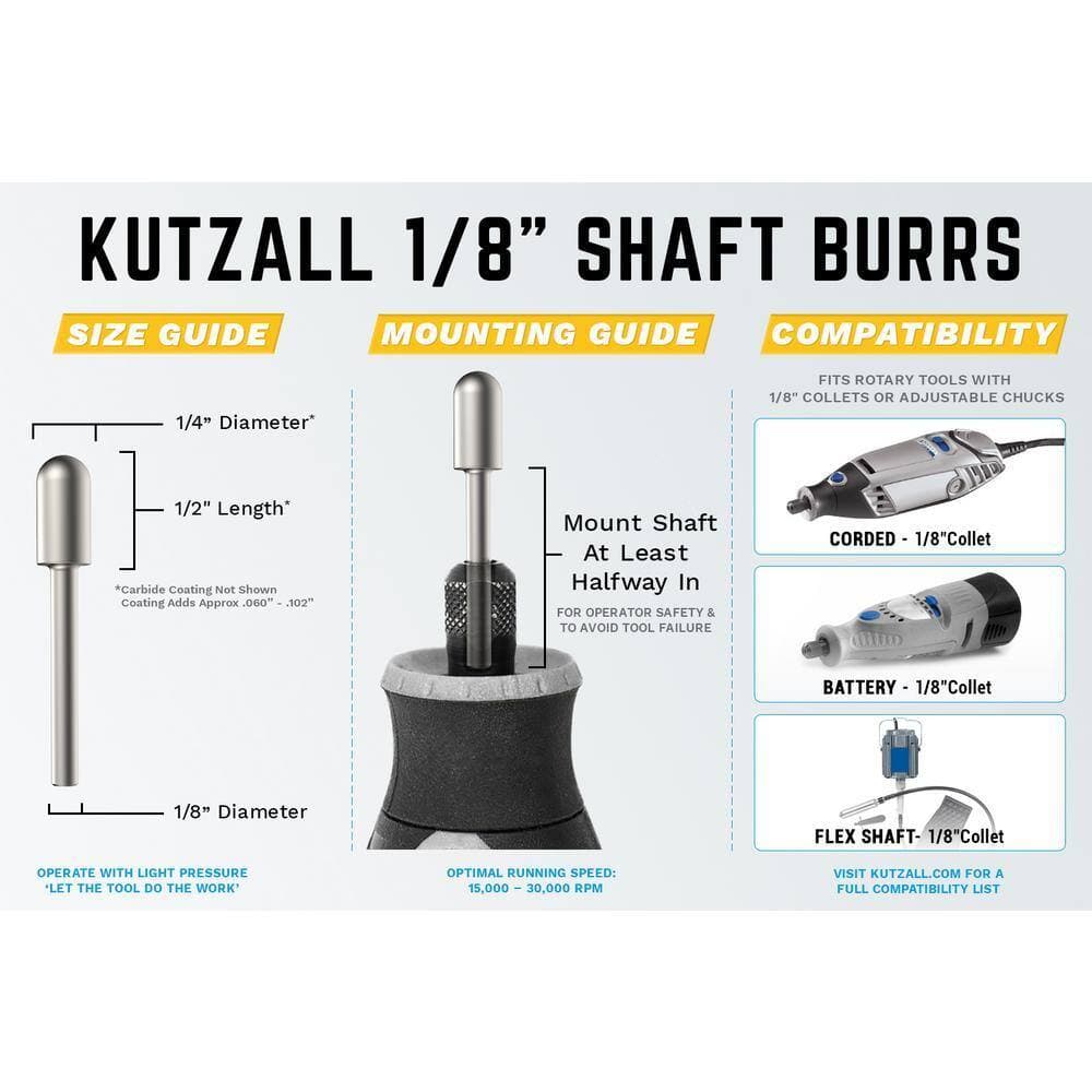 KUTZALL Ball Nose Burr, 1/8 in. Shaft, Head Diameter 1/4 in. x Head Length 1/2 in., Tungsten Carbide Teeth, Very Coarse (3)
