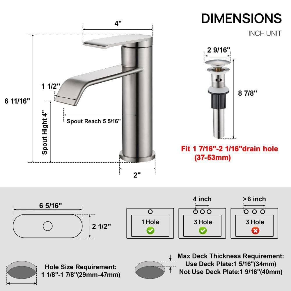Numhew Bathroom Sink Faucet with Metal Pop-up Drain Supply Lines and Deck, Single Handle 1 Hole Bathroom Faucet, Brushed Nickel (2)