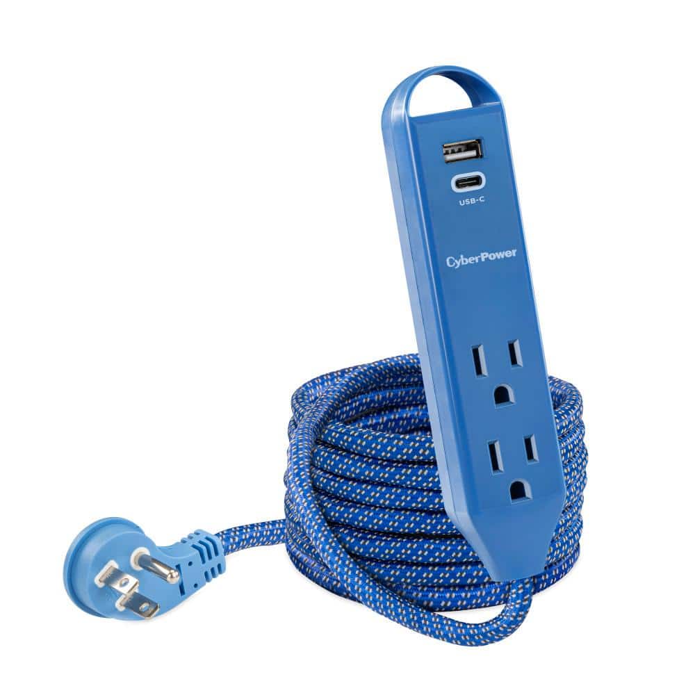 CyberPower 2-Outlet Surge Protector, USB-A 2.4 Amp, USB-C 12-Watt, 400 Joules 6 ft. Braid Cord, Blue (3)