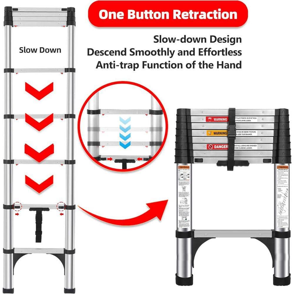 KIWDZFU 8.5 FT Stainless Steel Telescoping Ladder with One-Button Retraction, 375 LBS Capacity (3)