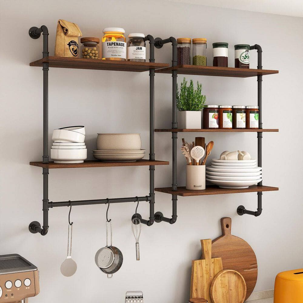FUNKOL 24 in. W x 36 in. H x 12 in. D Wood Adjustable 3 Tier and 2 Tier Bathroom Hanging Storage Shelves in Walnut (2)