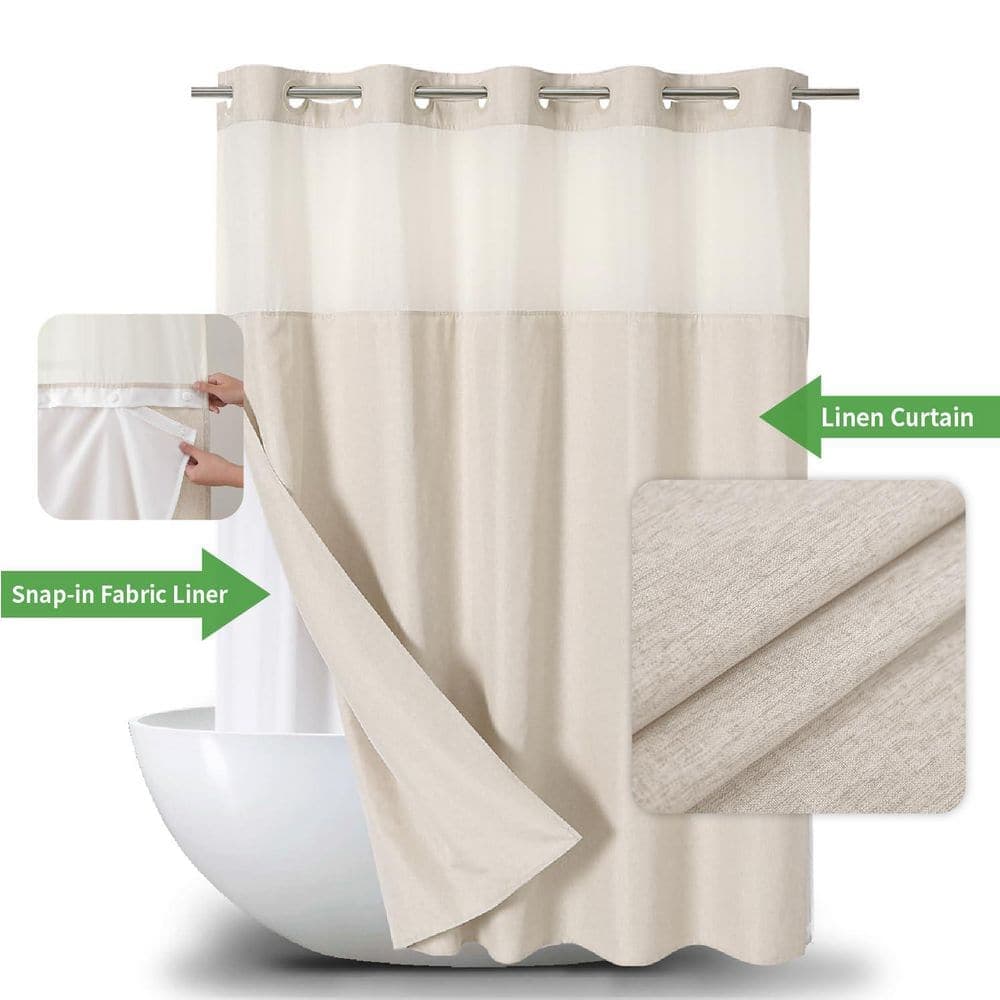 Wudkey 74 in. W x 71 in. L Polyester No Hooks Needed Linen Textured Shower Curtain with Snap-in Fabric Liner Set in Cream (2)