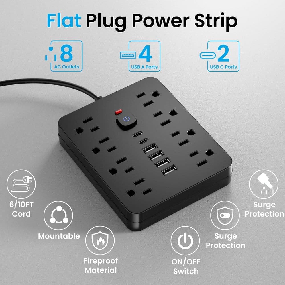 Unbranded 6 ft. 8-Outlet Surge Protector Power Strip with 4 USB-A Ports, 2 USB-C Ports, Overload Protection, Flat Plug (3)