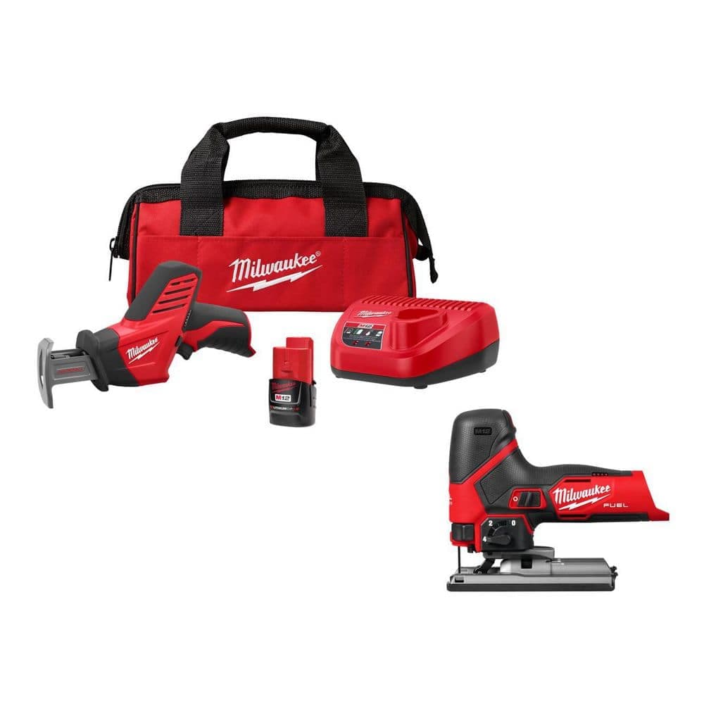 Milwaukee M12 12V Lithium-Ion HACKZALL Cordless Reciprocating Saw Kit with One 1. 5Ah Battery, Charger & Jig Saw (1)